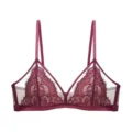 Sexy burgundy French eyelash lace bralette, thin wireless bra for women with sheer mesh - S / Burgundy