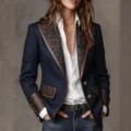 Close-up of French vintage navy blazer with intricate baroque embroidery and leather trim - 3XL / Tops / Navy Blue