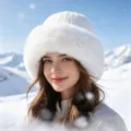 Women's thick white faux fur winter hat with knit top and plush ear protection - One Size / Vertical Stripe Mongolian Hat / White