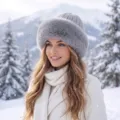 Elegant woman wearing a plush grey faux fur-trimmed knitted winter hat in snowy mountains - One Size / Vertical Stripe Mongolian Hat / Gray