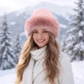 Elegant pink winter knit hat featuring a wide fluffy faux fur brim for women in snow - One Size / Vertical Stripe Mongolian Hat / Pink