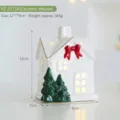 Festive Christmas ceramic light-up house figurine with red bow and green trees - Bow & Christmas Tree Decor House (YZ-25716) / 9x7x12cm, 345g