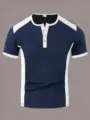 Détail t-shirt homme manches courtes bloc de couleurs, col tunisien avec boutons. - S / Bleu marine