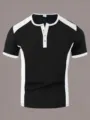 T-shirt Henley homme manches courtes bloc de couleur vue détaillée tissu côtelé boutons. - S / Noir