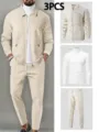 Vue détaillée de l'ensemble 3 pièces veste zippée gaufrée, t-shirt et pantalon décontracté. - S / Ensemble / Kaki