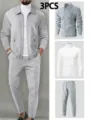 Ensemble de survêtement gaufré 3 pièces pour homme veste zippée col roulé et pantalon. - S / Ensemble / Gris clair