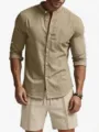 Antriko set linou casual poukamiso kai sortsa me makry maniki kalokairi outfit haki - S / Τοπ Και Παντελόνι / Χακί