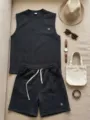 Set canotta e pantaloncini in jacquard lavorato a maglia da uomo stile estivo - Taglia S / Top e Pantaloni / Nero