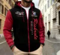 Gros plan détaillé du sweat à capuche zippé color-block pour homme avec imprimé. - S / Rouge