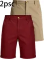 Vue détaillée du short cargo décontracté pour homme, lot de 2 shorts de golf sport. - S / Kaki et rouge