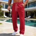 Red men's loose casual sports straight-leg sweatpants with white drawstring and side stripe. - S / Bottoms / Red