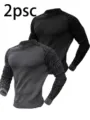 Ensemble de T-Shirt Thermique Manches Longues Gaufré Homme Pull Casual Deux Pièces - Noir + Gris foncé