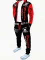 Men's colorblock hooded zipper hoodie and sweatpants set with stylish graphic prints. - Red