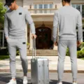 Men grey crewneck sweatshirt and sweatpants two piece set, comfortable casual sportswear. - S / Top And Bottom / Light Gray