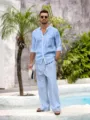 Ensemble chemise manches longues col mao et pantalon de loisirs lin bleu clair - S / Haut et Bas / Bleu ciel