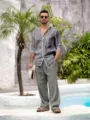 Men's linen long sleeve shirt and casual pants set, breathable resort wear outfit detail. - Gray