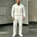 Men casual linen V-neck long sleeve top and pants set detail view for summer beach. - S / Top And Bottom / Milky White