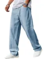 Men's casual cotton linen straight leg pants with elastic waist for daily beach summer wear. - Light Blue