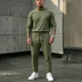 Men's linen long-sleeve crewneck top and trousers casual set in olive green for daily wear. - Army Green