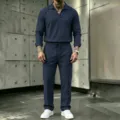 Detailed view of men casual long sleeve v-neck shirt and trousers set in navy blue. - Navy Blue
