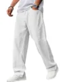 Men's white casual straight leg cotton linen pants breathable loose beach trousers - S / White