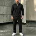 Men black long sleeve V-neck shirt and trousers set, casual vacation beach linen outfit. - S / Top And Bottom / Black
