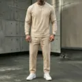 Detailed view of men's casual long sleeve linen crewneck top and pants set in beige. - S / Top And Bottom / Khaki