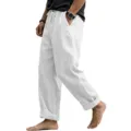 Detail view of men's casual linen pants, breathable cotton fabric, elastic drawstring. - S / White