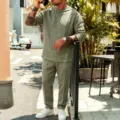 Ensemble décontracté pour homme en lin à manches longues et pantalon de vacances. - Vert Militaire