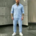 Detailed view of men light blue linen long sleeve shirt and trousers casual beach set. - S / Top And Bottom / Sky Blue