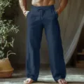 Casual linen trousers detail shot, breathable fabric, comfortable elastic drawstring waistband. - Navy Blue