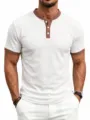 Men's waffle knit short sleeve Henley shirt detail view showing contrast collar and buttons. - S / White