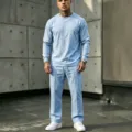Men light blue linen casual long sleeve crewneck top and pants set for summer vacation. - Sky Blue