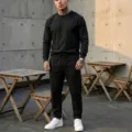 Men's casual linen long sleeve crewneck top and trousers set for vacation daily wear. - S / Top And Bottom / Black