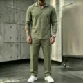 Casual men's V-neck long sleeve shirt and pants set, perfect for beach vacation and summer days. - Army Green