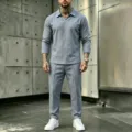 Men's grey blue casual long sleeve V-neck shirt and long pants two piece suit set. - S / Top And Bottom / Slate Gray