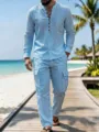 Detail shot of men light blue linen shirt and cargo trousers on a wooden beach walkway. - S / Top And Bottom / Light Blue