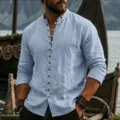Men's casual long sleeve linen shirt featuring stand collar and multi-button design for daily wear. - S / Light Blue