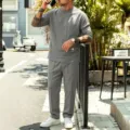 Γκρι λινό σετ casual με μακρυμάνικο τοπ και παντελόνι εξωτερική λεπτομέρεια - S / Τοπ Και Παντελόνι / Σιδερένιο Γκρι