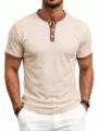 Close-up detail showcasing the contrast-collar waffle knit texture and Henley placket. - S / Khaki