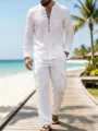 Men's white linen long sleeve mandarin collar shirt and cargo pants casual beach outfit - S / Top And Bottom / White