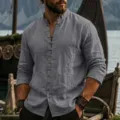 Men's casual linen shirt long sleeve mandarin collar front pockets detailed view outdoor shot - Gray
