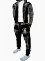 Detailed view of men's stylish color-block zip hoodie and sweatpants set with sleeve prints. - S / Dark Gray