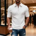 Ανδρικό Λευκό Jacquard Μισό Φερμουάρ Polo Καλοκαιρινό Casual Slim Fit Κοντομάνικο - Λευκό