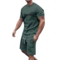 Men's dark green Halloween print short sleeve t-shirt and shorts casual sportswear set. - Bean Green