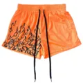 Orange mesh gym shorts with black flame print and long drawstrings, perfect for workouts. - S / Orange