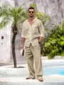 Ensemble chemise et pantalon en lin pour homme manches longues col mao décontracté. - S / Haut et Bas / Kaki