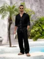 Ensemble chemise homme col mao manches longues en lin noir et pantalon decontracte respirant - S / Haut et Bas / Noir