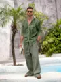 Vue détaillée d'une tenue décontractée pour homme en lin avec chemise et pantalon. - S / Haut et Bas / Vert Militaire