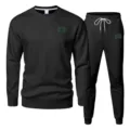 Black fleece tracksuit set for men, casual crewneck sweatshirt and joggers with minimalist design. - S / Top And Bottom / Black